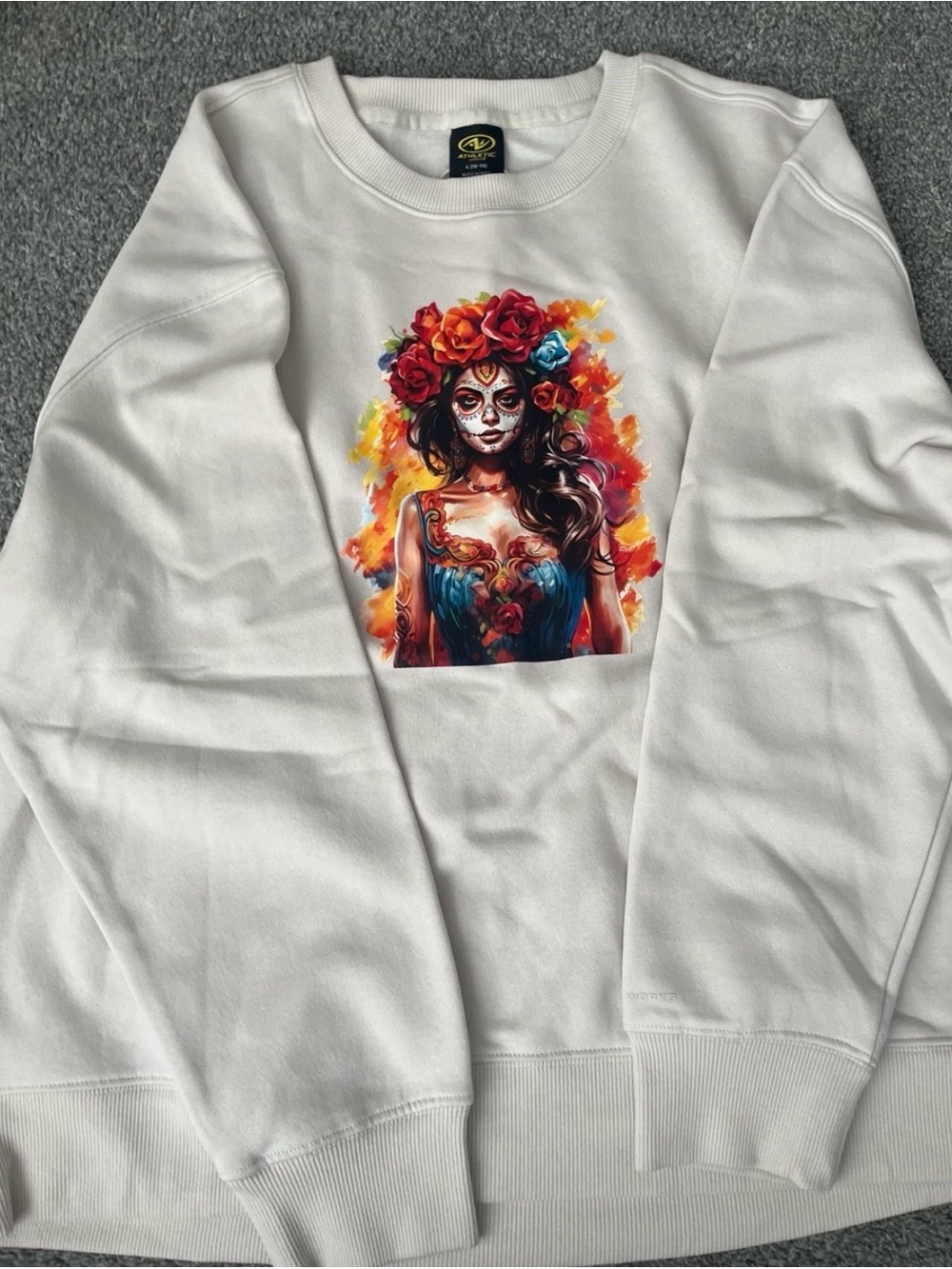 Athletic Works White Crewneck Sweatshirt with Colorful Sugar Skull Graphic